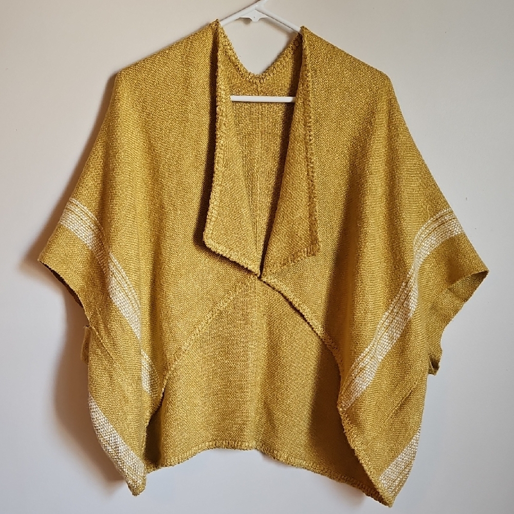 Hand Woven Poncho Wrap Mustard Yellow White OS Artsy Lagenlook Granola